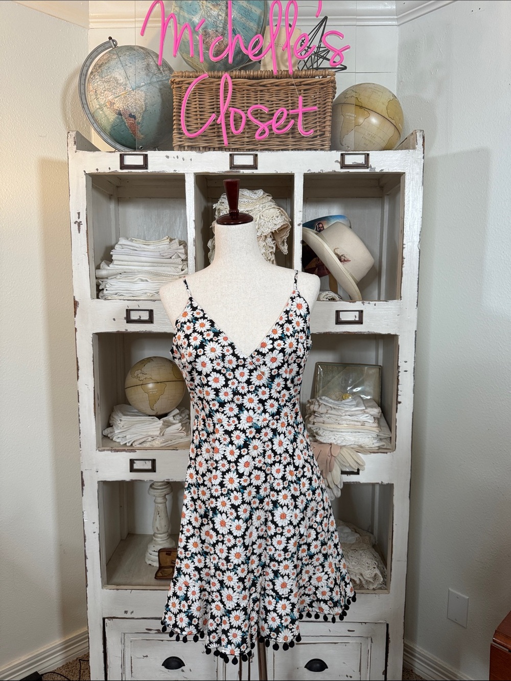 NWT THML Black Daisy Slip Mini Dress with Pink Centers